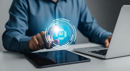 Professional person interacts with ai workflow on digital interface showing agentic chip icon conveying innovation and productivity in technology driven office environment