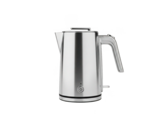 Modern brushed stainless steel electric kettle isolated on transparent background
