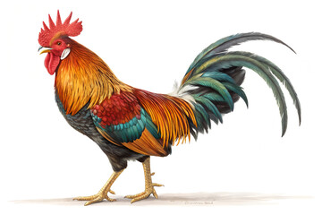 Fototapeta premium Proud Rooster in Profile, Photorealistic Digital Illustration, White Background