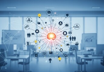 Dynamic neural network concept visualizing connections between ideas people technology and business growth in a modern office setting