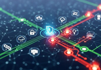 Dynamic cybersecurity network visualization with glowing data flow, shield icon, and interconnected nodes representing digital protection and secure information transfer across global systems.