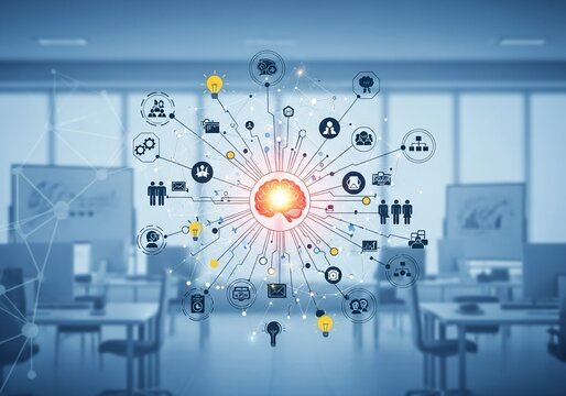 Dynamic neural network concept visualizing connections between ideas people technology and business growth in a modern office setting