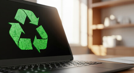 Green recycling symbol on laptop screen promoting circular economy initiative for sustainable electronics and responsible technology use in modern workspace