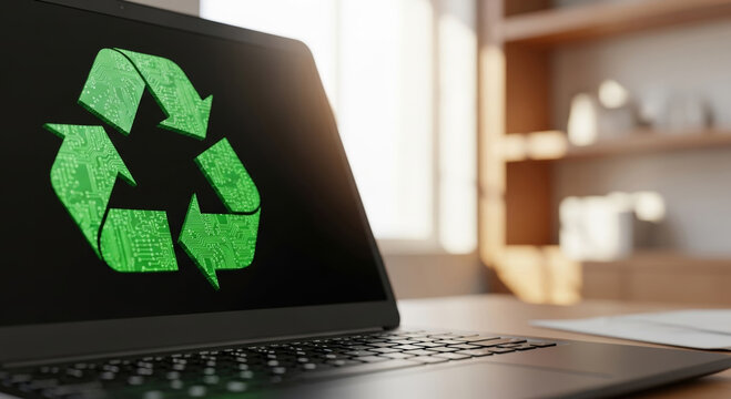 Green recycling symbol on laptop screen promoting circular economy initiative for sustainable electronics and responsible technology use in modern workspace