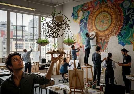 Creative minds collaborate on vibrant mural inspiring new ideas and growth within a dynamic art studio setting, showcasing inspiration and teamwork.
