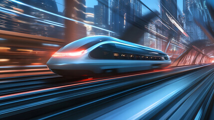 Fototapeta premium Dynamic illustration of a hyperloop train speeding through a glowing futuristic cityscape.