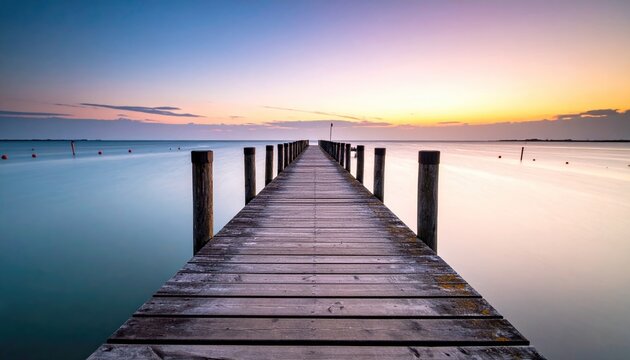 Wooden Pier Extending Into Calm Ocean Water At Sunrise With Dramatic Sky And Soft Colors Reflecting On Surface