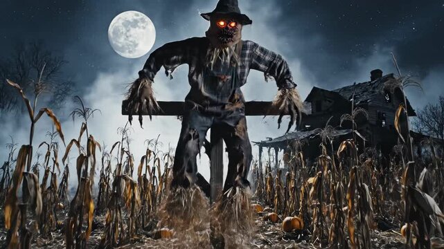 Animated halloween scarecrow at night with glowing eyes and full moon