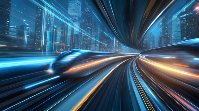 Dynamic illustration of a hyperloop train speeding through a glowing futuristic cityscape.