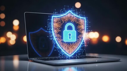 Laptop display showing digital shield with padlock for cybersecurity - Powered by Adobe