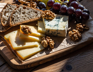 Delicious gourmet cheese and fruit board with various types of fresh healthy dairy snacks like brie, camembert, and blue cheese, with grapes and white wine