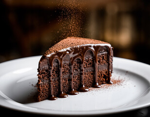 A delicious slice of chocolate brownie pastry with white cream icing on a plate is a gourmet sweet dessert food