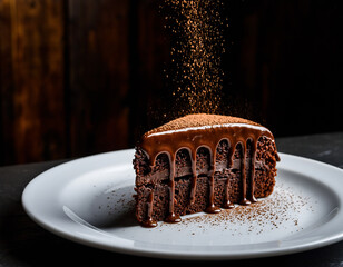 A slice of delicious chocolate cake with brown icing and cream on a white plate