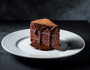 A delicious slice of chocolate brownie pastry with white cream icing on a plate is a gourmet sweet dessert food