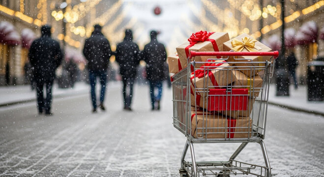Christmas shopping list family new year holiday gift wrapped present trolley snow outdoor market festive lights joyful scene