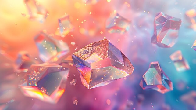 Abstract geometric shapes float in a vibrant colorful gradient light with a dreamy, ethereal atmosphere. - Powered by Adobe