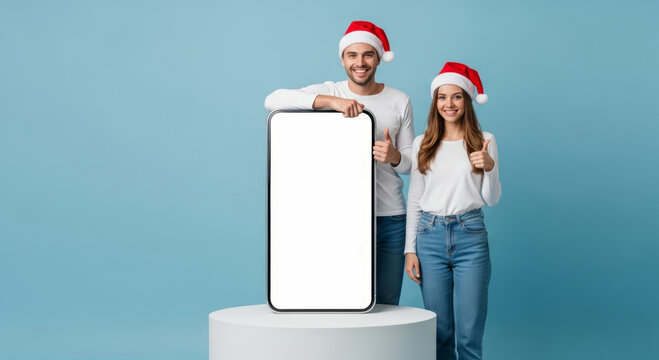 Young man woman with santa hat holding blank smartphone screen and thumbs up while standing on podium in studio celebrating christmas shopping list family new year cheer