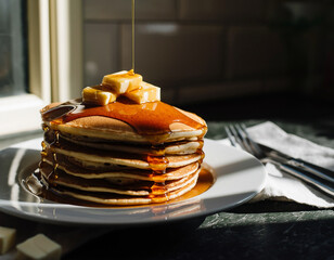A gourmet breakfast stack of sweet pancakes with maple syrup and butter on a white plate