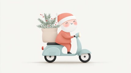 Cheerful Santa Claus character riding a scooter with a festive bag of greenery, embodying holiday spirit and joy in a whimsical illustration