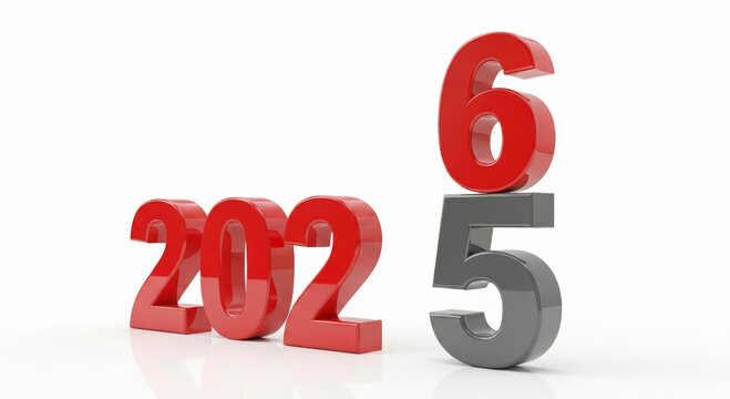 2026 business year end christmas new year celebration concept with red glossy numbers transitioning from 2025 to 2026 and festive reflection on white background evoking optimism and success
