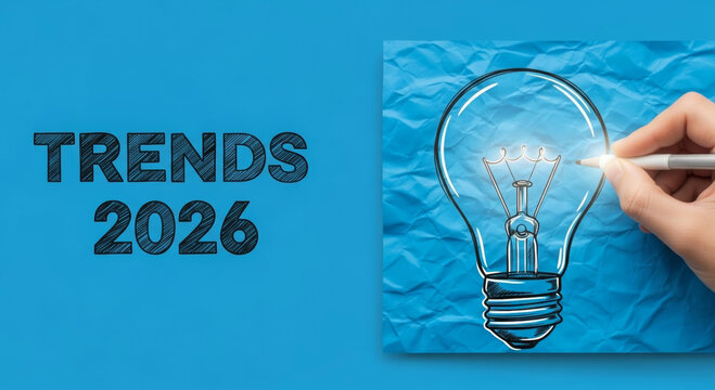 Trends 2026 business year end christmas new year innovation idea concept light bulb drawing on blue paper creative planning festive marketing strategy inspiration