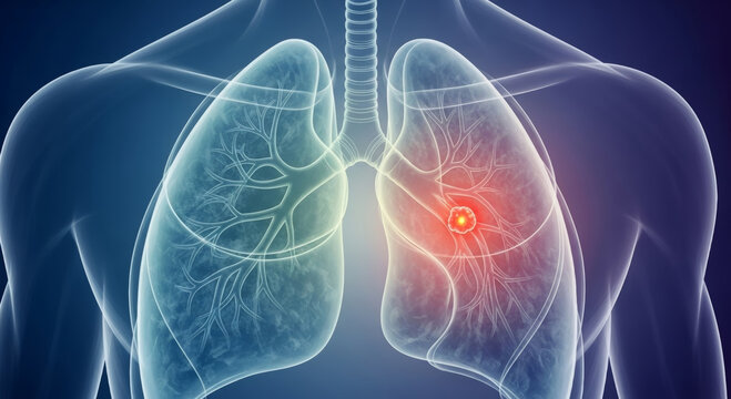 Chest lung x ray doctor cancer check screening showing highlighted tumor in lung on medical imaging with physician examining diagnostic film and patient consult for early detection