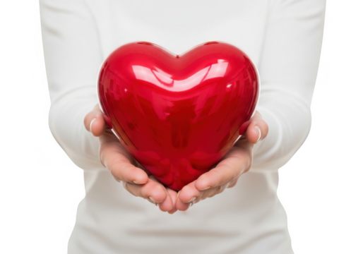 Hands holding a shiny red heart symbol isolated on transparent background