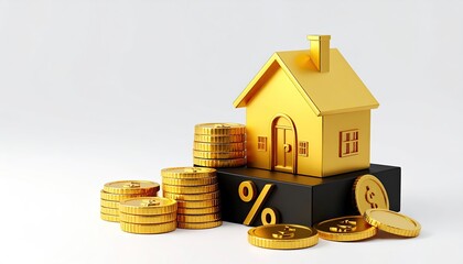 Golden house on black, with stacked gold coins