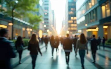 The concept of sustainability in business centers, crowds of business people walking at a corporate office in a green city downtown, abstract motion blur image with blurred background. High quality