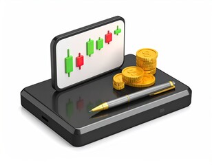 Trading chart, coins, and pen on a sleek, black platform