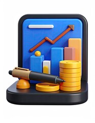 Finance Bar graph, coins, pen, rising arrow