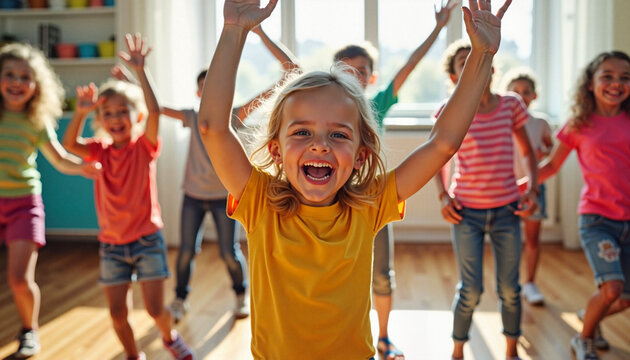  Group of happy children playing indoors