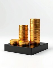 Golden coins in stacks on black pedestal, white background
