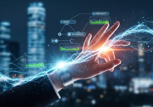 Dynamic businesswoman interacts with glowing digital interface showcasing speed efficiency and creativity in a modern city skyline backdrop