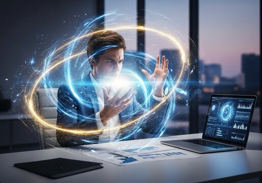 Dynamic businessman commanding futuristic data streams with intense focus, visualizing innovation in a modern office with city skyline backdrop - Powered by Adobe