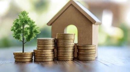 Growing wealth symbolized by coins and a miniature house