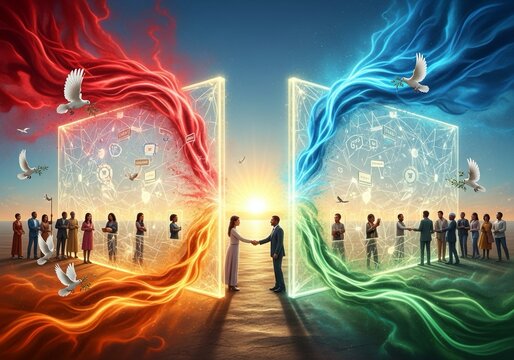 Diverse professionals forging powerful global connections through dynamic digital portals symbolizing innovation and collaboration, achieving shared success with doves of peace soaring above.