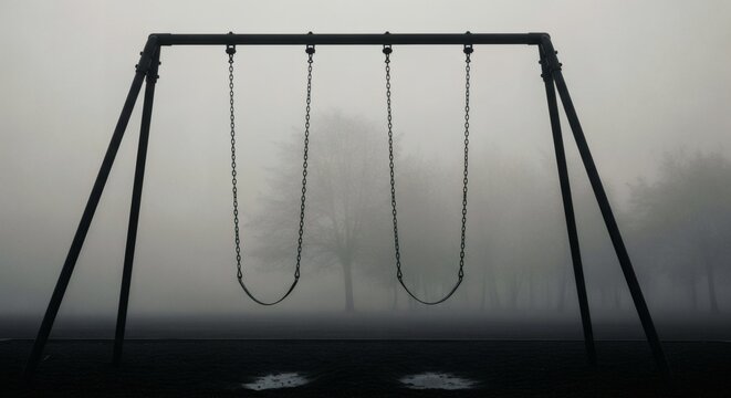 Ghostly Swing Set Empty Swings on a Foggy Day.