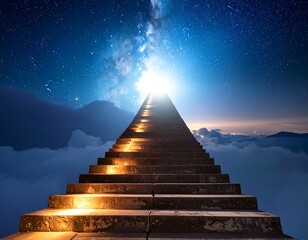 Stone staircase ascending into a celestial realm, bathed in starlight and ethereal glow above clouds
