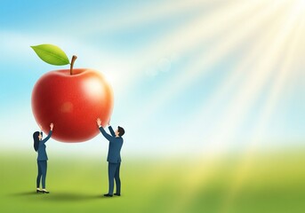 Determined professionals collaboratively lift a giant, vibrant red apple towards a bright, sunny sky symbolizing achievement, growth, and teamwork in a lush green field setting.