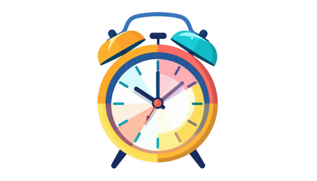 Cartoon illustration of a colorful, classic alarm clock on a black background, with vibrant hues