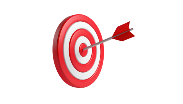 A 3D rendering of a red and white concentric target with an arrow hitting the center, set against black