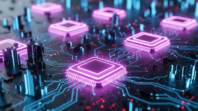 Close up of a motherboard with glowing purple chips and blue circuits