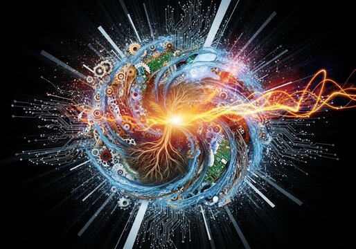Dynamic digital nexus exploding with vibrant energy and intricate gears, symbolizing innovation, connectivity, and the powerful evolution of technology and nature intertwined.