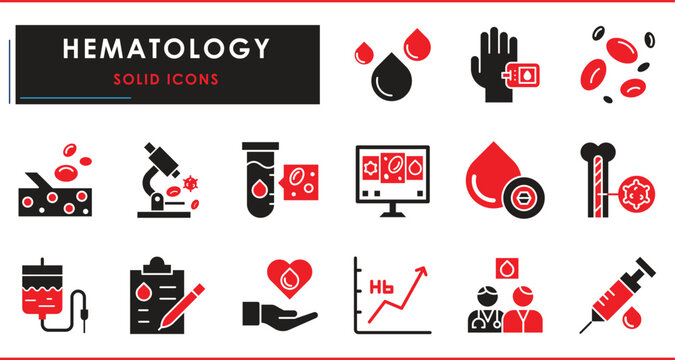 A set of flat icons related to Hematology. Blood, cell, vessel, microscope, diabetes, hemoglobin, bone marrow, transfusion bag, and so on. Vector solid symbols.