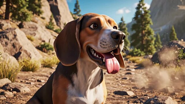 Close up portrait of a happy animated beagle dog in a natural outdoor environment