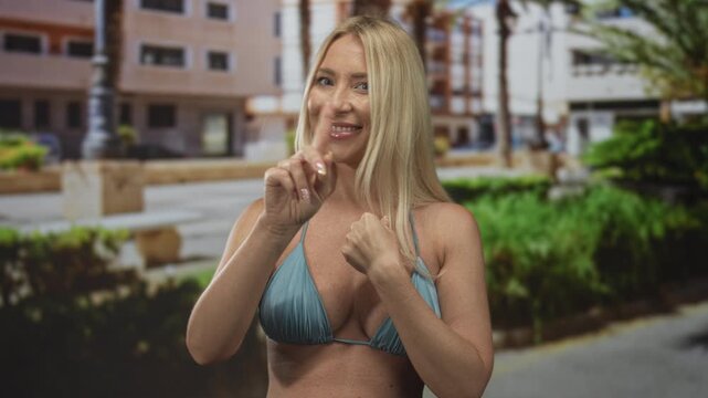 Woman in blue bikini top pointing finger to herself on sunlit street with blurred buildings and greenery in background; denial.