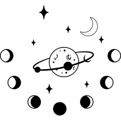 Fototapeta premium Celestial Moon Phases Ringed Planet Stars and Crescent Moon Tattoo Design Element in Black and White on Transparent Background