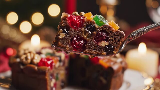 Delicious Slice of Rich Christmas Fruitcake Being Served with Candied Fruits.