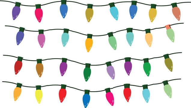 Assorted Colorful Christmas Lights on White Background Keywords: Christmas lights, string lights